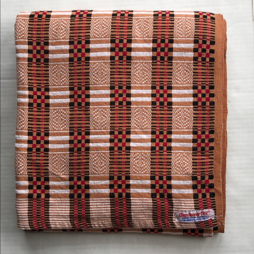 Handloom Plaid Tablecloth Coverlet Throw Blanket Rust, Red, Black and White